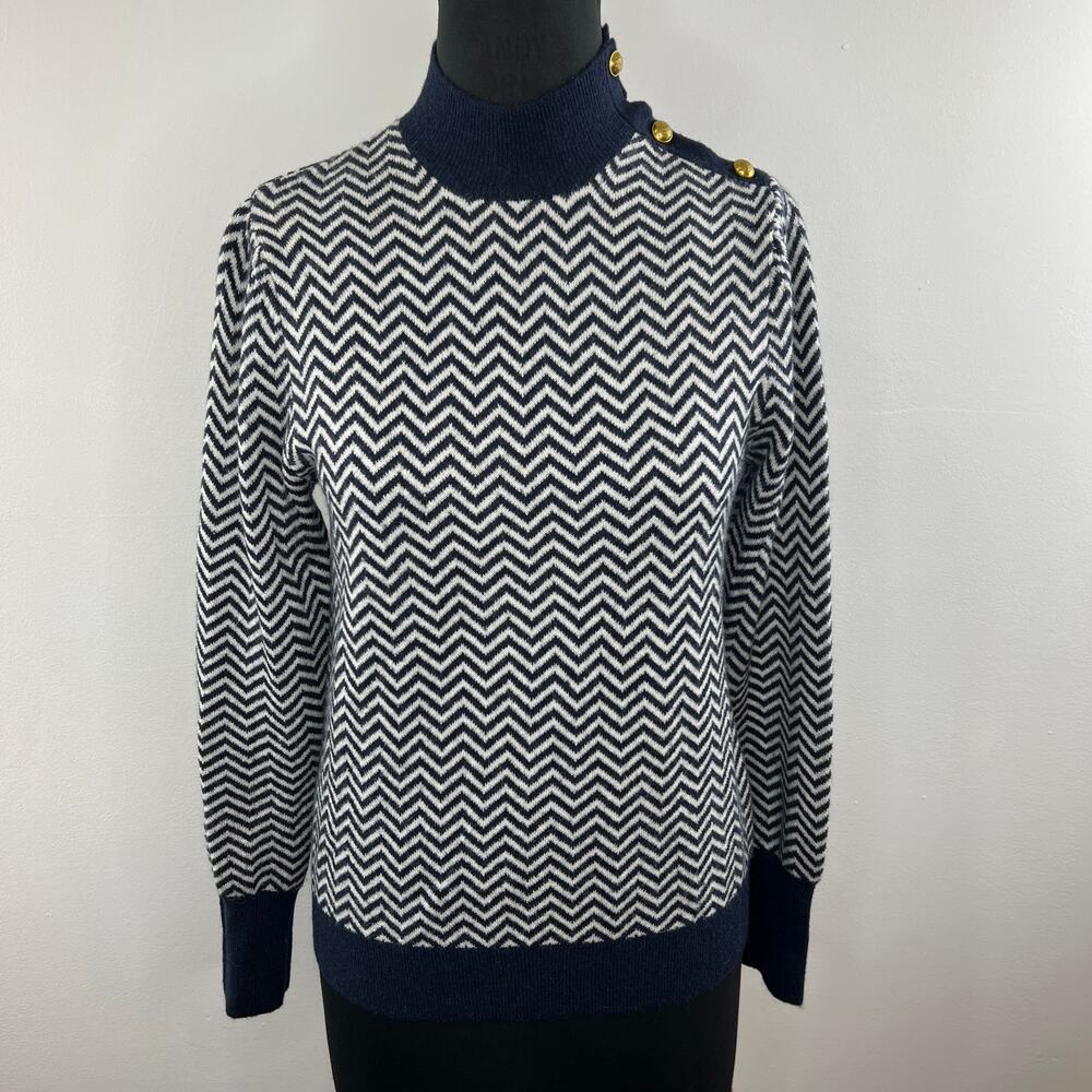 J. Crew Button-Detail Mockneck Sweater in Navy Blue White Herringbone Knit M